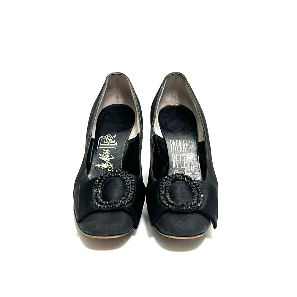 Vintage 1950s black fabric oversized rhinestone buckle formal heels